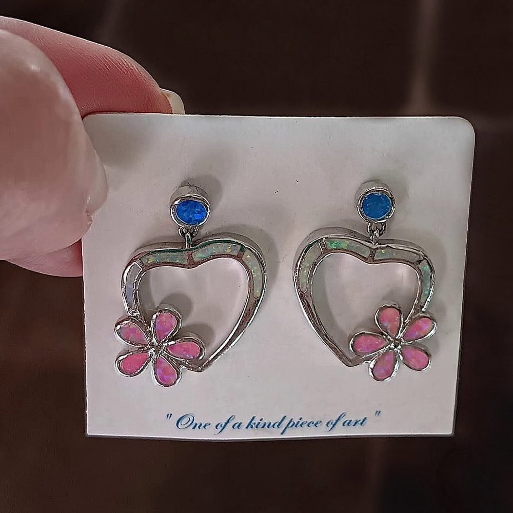 New - White Opal Hearts With Pink Opal Flowers and Blue Opal Silver Earrings